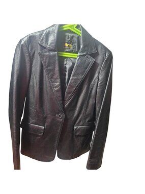 Ars Womens Black Leather Blazer Jacket Size 66 With Button Closure & Pockets